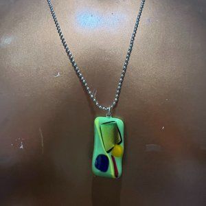 EUC Fun and funky green, yellow and blue handmade silvertone necklace